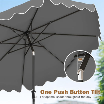 Tangkula 9 FT Patio Umbrella with Base Included, 2-Tiers Outdoor Scalloped Table Umbrella with 2 Sandbags, Tilt Adjustment, Crank, 8 Ribs for Market Backyard Pool Deck Beach Lawn