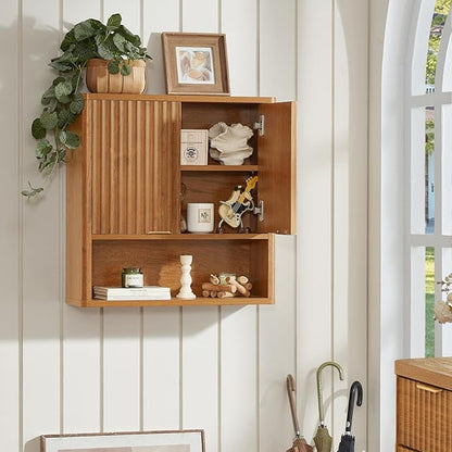 LEYAOYAO Fluted Bathroom Wall Cabinet, Wall-Mounted Medicine Cabinet with Adjustable Shelf and 2 Doors, Tea Brown Farmhouse Over the Toilet Storage Cabinets for Laundry Room, Kitchen, Living Room