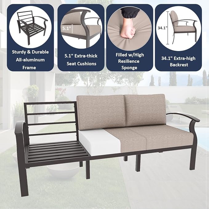 ALAULM Aluminum Patio Furniture Set with Swivel Chairs 7-seat Metal Outdoor Furniture Patio Sectional Sofas w/2 Ottomans for Porch, Backyard, Poolside-Sand