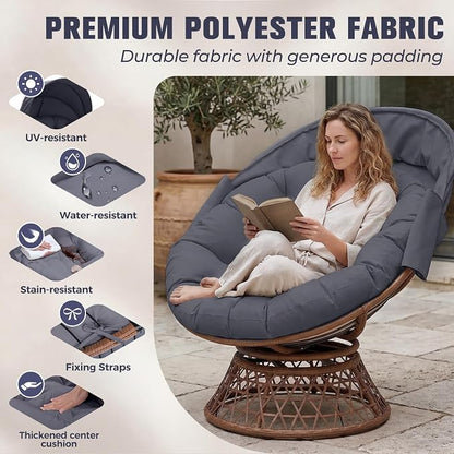 GTPLAYER Outdoor Wicker Egg Chair PE Rattan Chair with Cushion, Oversized Patio Lounge Chair with Canopy Papasan Chair 360° Swivel Base for Outdoor, Indoor, Balcony, Backyard, Garden, Gray