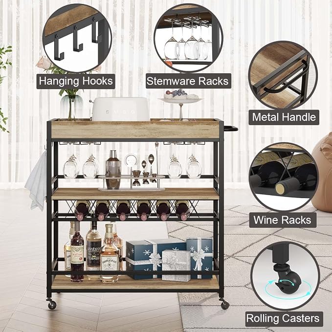 Bar Cart for The Home, Bar Serving Carts on Wheels, 3 Tier Storage Drink Trolley, Rolling Wood and Metal Liquor Beverage Cart (Vintage Oak)