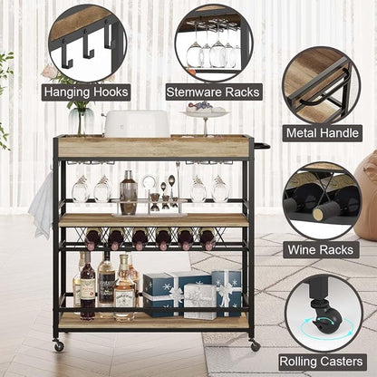 Bar Cart for The Home, Bar Serving Carts on Wheels, 3 Tier Storage Drink Trolley, Rolling Wood and Metal Liquor Beverage Cart (Vintage Oak)