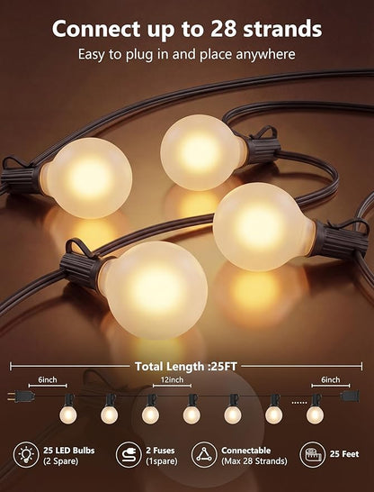 LED Outdoor String Lights 25Ft G40 Frosted White Globe Patio Lights Waterproof with 27 Shatterproof LED Bulbs, Hanging Outdoor Christmas Decorations Lights for Backyard Bistro Wedding Party Garden