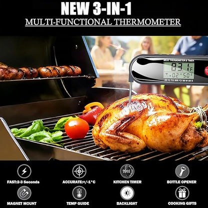 3 in 1 Meat Thermometer Digital with Beer Bottle Opener, Built-in a Kitchen Timer. Waterproof, Large Backlit Screen, Perfect Kitchen Accessories,BBQ Grill Cooking Gifts for Men,Fathers Day Gift