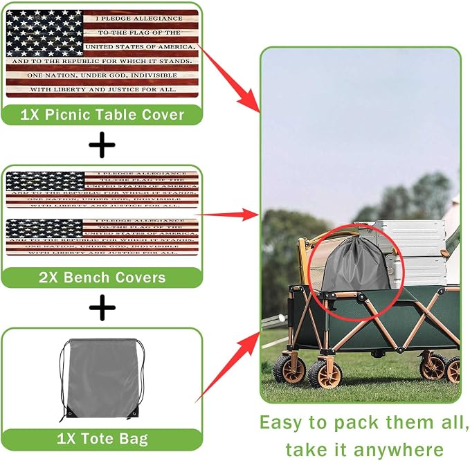 JAWO Fitted Picnic Table and Bench Cover, Vintage American Flag Pledge of Allegiance Print Waterproof Elastic Picnic Tablecloth for Outdoor Patio Camping Backyard Park, 30X96inch