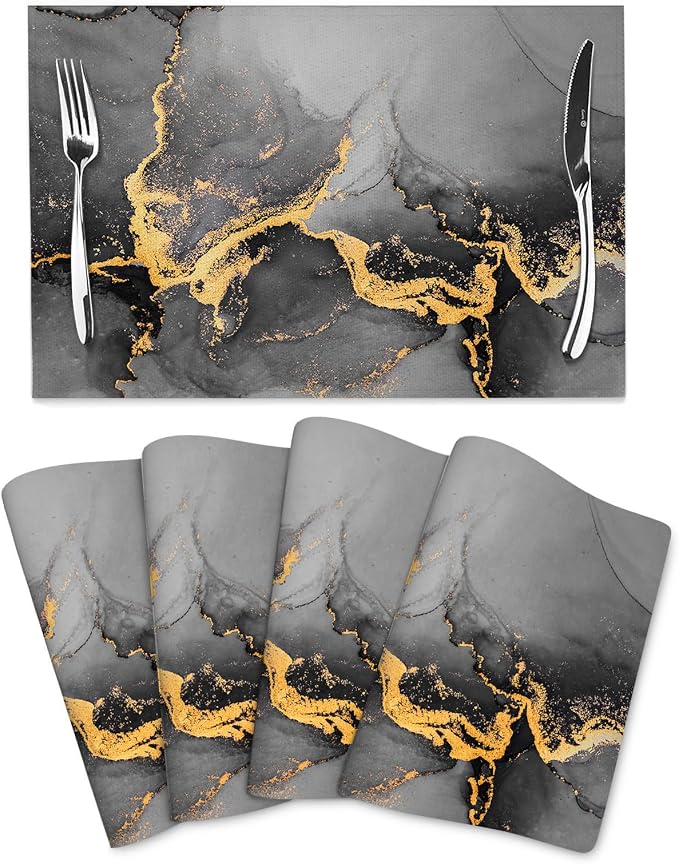 Black Gray Gold Marble Placemats Set of 4 Linen Decorative Table Mat | For Dining Table Kitchen Farmhouse Outdoor Home Decor 12"x18" Abstract Modern Place Mats