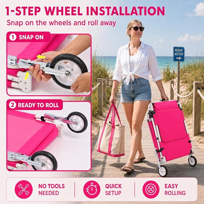 Wheel-To-Go Tanning Chair with Wheels Sun Canopy Umbrella Face Hole Thicker Washable Adjustable, Heavy Duty Folding Sun Lounge Chair Beach Outside Sunbathing Reading, UPF 50+, Pink (Patent Design)