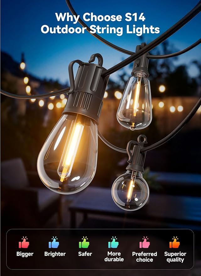 Minetom 53FT Outdoor String LED Patio Lights Waterproof,Shatterproof S14 Vintage Edison Bulbs,Commercial Grade Outside Hanging Lights Waterproof for Porch Deck Garden Backyard Balcony Cafe Bistro
