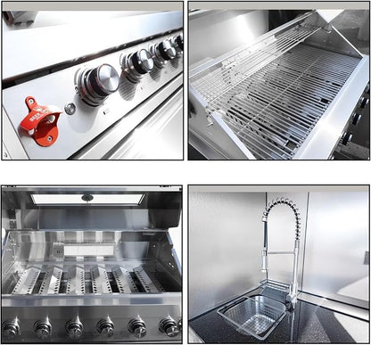 Outdoor Kitchen Pod with 6-Burner Gas Grill & Flip-Up Enclosure, Prefab Outdoor Kitchen BBQ Island with Sink, Storage Cabinet & Outdoor Cooking Station for Patio, Backyard & Entertaining