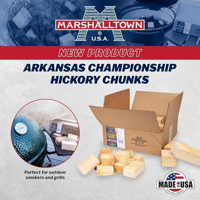 MARSHALLTOWN Arkansas Championship Hickory Wood Chunks for Smokers, 10 Pound Box of Genuine American Hickory Wood for Smoker and Grilling, Smoker Chunks, HCKCHNK10