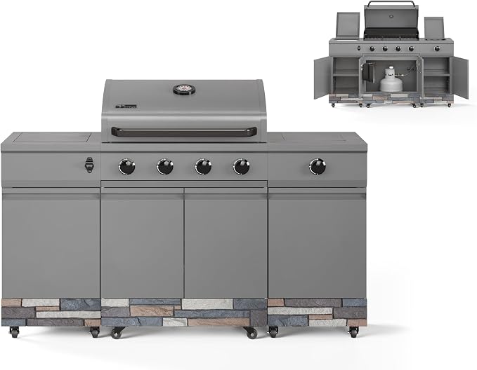 Tytus Fresno 66" 5-Burner Propane or Nat Gas Island Grill, 60K Total BTUs | Pre-assembled for fast install, 864 sq inch cooking area with Side Burner, Storage, Ice Bucket - Gunmetal / Ash Island