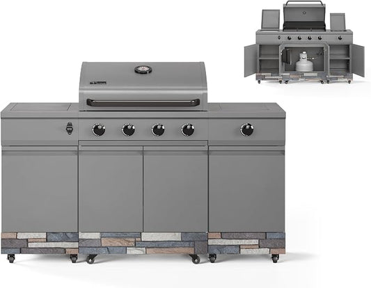 Tytus Fresno 66" 5-Burner Propane or Nat Gas Island Grill, 60K Total BTUs | Pre-assembled for fast install, 864 sq inch cooking area with Side Burner, Storage, Ice Bucket - Gunmetal / Ash Island