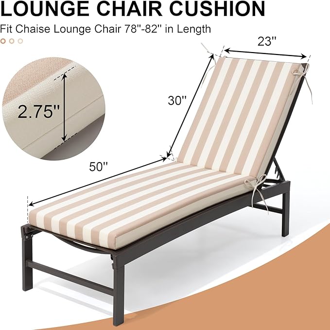 Crestlive Products Outdoor Waterproof Chaise Lounge Cushions Set of 2, Fade Resistant Patio Furniture Lounge Chair Cushion, 80" L x 23" W