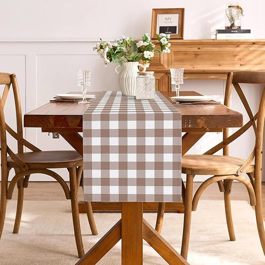 Khaki Gingham Table Runner Light Brown and White Checkered Birthday Wedding Baby Shower Party Decoration BBQ Picnic Home Kitchen Table Decor (Khaki, 13" x 108")