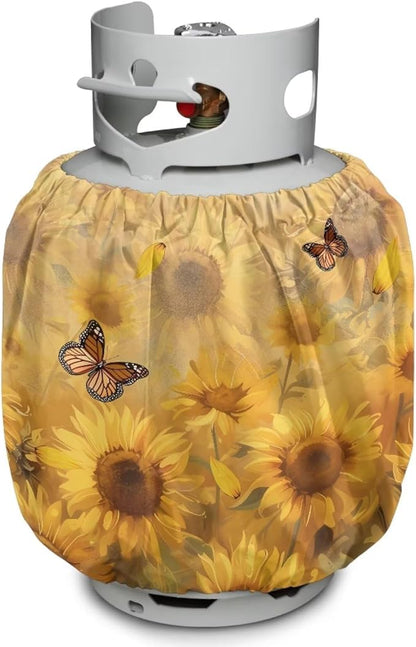 Sunflower Butterfly Propane Tank Cover Fits Standard 20 lb Tank Cylinde Travel Trailer Propane Covers with Elastic Slip in Gas Cover Water & Wear-Resistant for Outdoor and Indoor Use