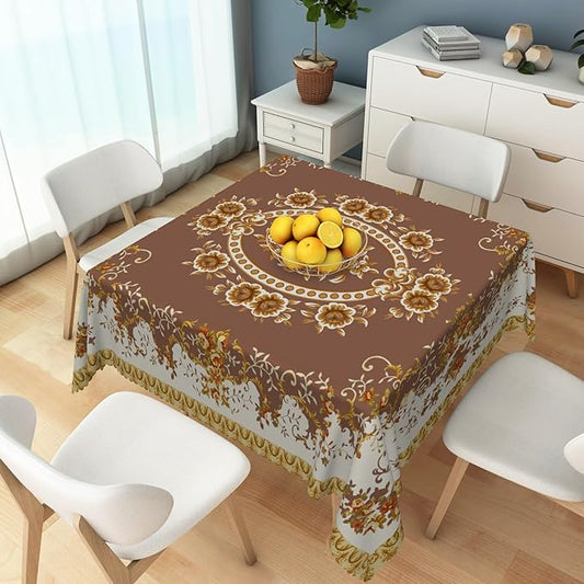 French Floral Square Tablecloth Brown Flowers Tablecloths Vintage Luxury Classic Design Waterproof Square Polyester Resistant Table Cover for Picnic Dinner Decor 60x60 Inch