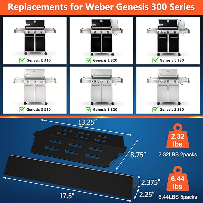 Grill Parts for Weber Genesis 300 Series, 17.5" Flavorizer Bars & Heat Deflectors for Weber Genesis E/S-310, 320, 330 with Front Control Knobs, Porcelain Enameled Heat Plates for Weber 7620, 7621