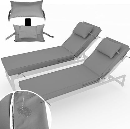 Chaise Lounge Cushions Outdoor Set of 2 Lounge Chair Cushion 80" L x 26" W with Headrest Straps 3'' Thick Waterproof Patio Chaise Cushions Pool Lounger Chair Cushion(Light Gray)