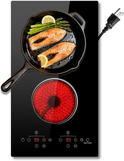 2 Burner Electric Cooktop 2000W, 12 Inch Electric Cook Top Plug in 110V, Electrics Stove with Touch Control, Countertop & Built-in Ceramic Stovetop, 9 Heating Level, Timer, Residual Heat Indicator