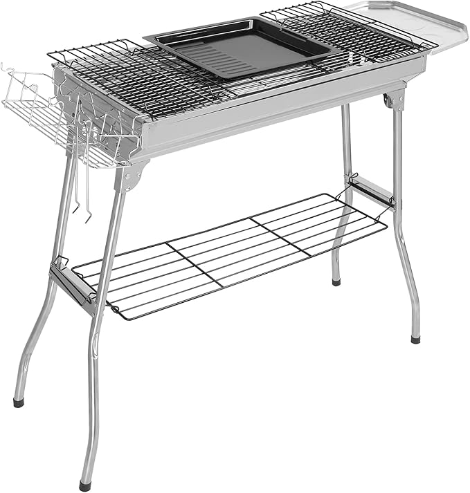 Charcoal Grill, Barbecue Grill Stainless Steel BBQ Smoker Barbecue Folding Portable Folded Camping Barbecue Grill for Outdoor Cooking Camping Hiking Picnics Backpacking Great for traveling 100x31x71cm