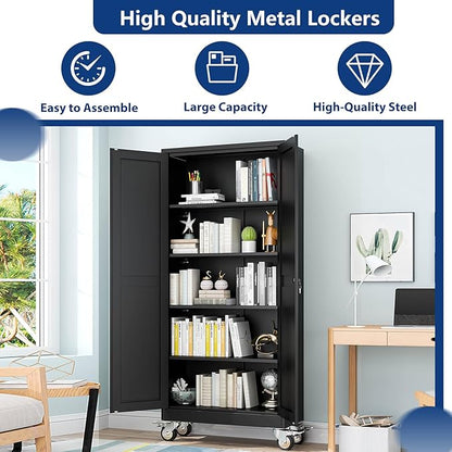 Ckzbx Metal Garage Storage Cabinet with Locking Doors and Adjustable Shelves,71" H Steel File Cabinet with Wheels for Garage,Office (Black)