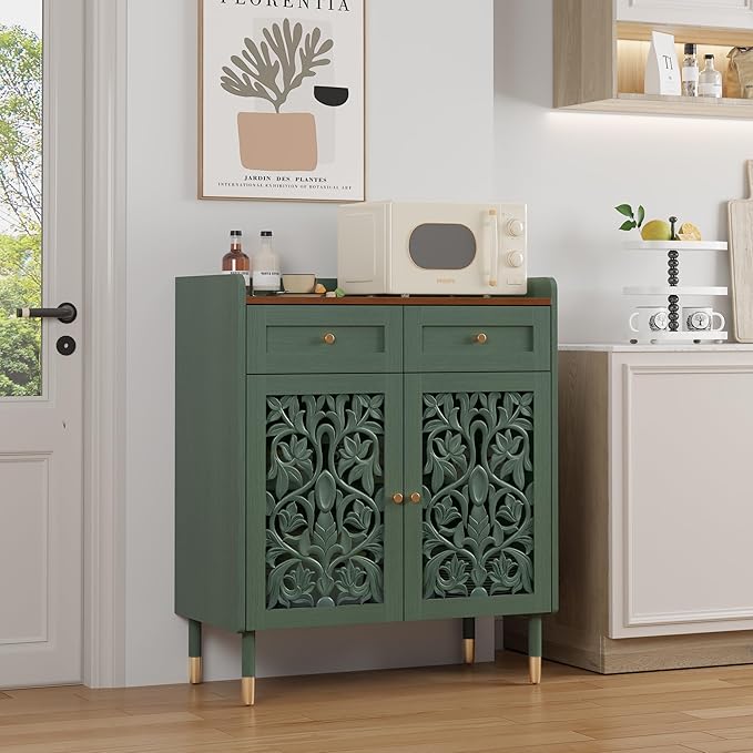 3More Sideboard Buffet Cabinet with Retro Carving Pattern,Kitchen Pantry Storage Cabinet with 1Drawer & 2 Doors，Coffee Bar for Living Room,Kitchen,Dining Room,Green