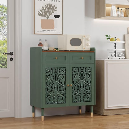 3More Sideboard Buffet Cabinet with Retro Carving Pattern,Kitchen Pantry Storage Cabinet with 1Drawer & 2 Doors，Coffee Bar for Living Room,Kitchen,Dining Room,Green