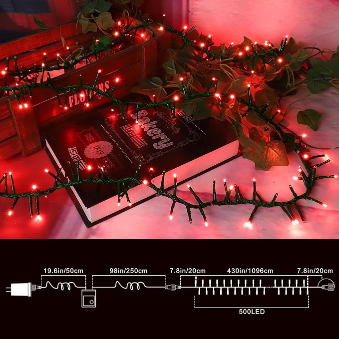 500 LED Red String Lights, 46ft 11 Modes Plug in Twinkle Fairy Lights, Waterproof Connectable Cluster Christmas Lights for Christmas Tree, Valentine's Day, Bedroom & Party Decor