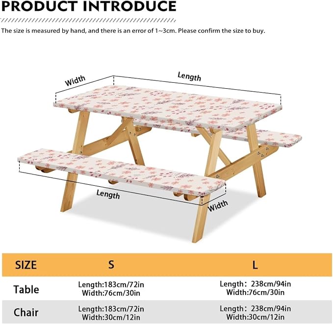 Picnic Table Cover for Outdoor BBQ Camping Floral Leave Elastic Picnic Table Cover with Bench Covers for Camping Party Supplies