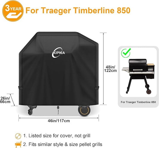 Kipiea Heavy Duty Grill Cover for Traeger Timberline 850, 600D Oxford Fabric Wood Pellet Smoker Covers Waterproof & Windproof, Pellet BBQ Grill Cover for Outside Anti-UV, No Tear, No Fading