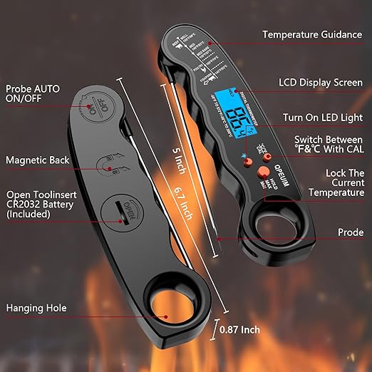 Meat Thermometer Digital, Instant Read Food Thermometer, Waterproof Food Thermometer with Backlight for Grilling and Cooking, BBQ, Deep Fry, Turkey, Candy, QPEUIM-Black
