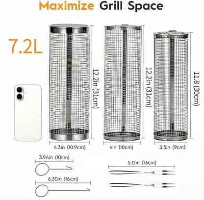 3 Pcs Rolling Grill Baskets for Outdoor Grill Accessories, BBQ Grilling Basket for Vegetables Shrimp Kebob, Outdoor Cooking Camping, Birthday Gifts for Men Dad Husband