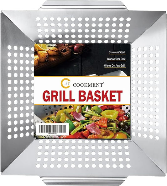 JY COOKMENT Grill Basket- Stainless Steel Grilling Basket for Indoor and Outdoor Use, Heavy Duty Vegetables Grill Basket for Veggies and Kabob, Suitable for All Grills, Dishwasher Safe