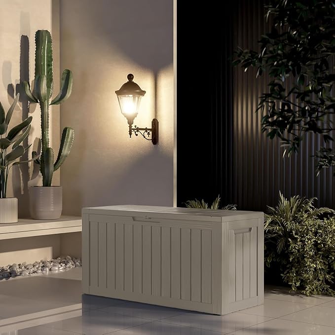 Outdoor Storage Box 80GAL Waterproof Resin Deck Box,UV-Resistant Lockable Delivery Bin for Garden Tools,Small Outside Cushions,Pool Accessories Supplies,Chest,Furniture,Package,Grey