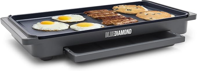 Blue Diamond 20" XL Electric Griddle, Graphite | PFAS-Free Ceramic Nonstick, Flat Top Grill/Griddle, Removable Drip Tray, Warming Drawer, Easy-Clean Design, Pancakes, Burgers