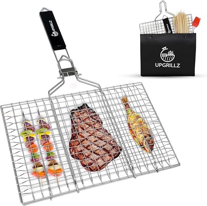 UPGRILLZ Fish Grill Baskets for Outdoor Grill Vegetables, Fish Grilling rack for Grill, BBQ Grilling Basket, Stainless steel Grill Basket for Veggies, shrimp Includes 50 skewers, Silicon Brush, and Carry Bag