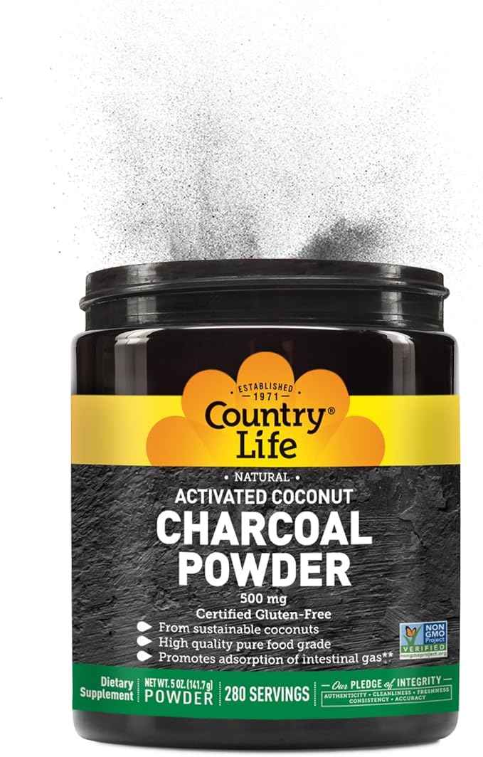Country Life Activated Coconut Charcoal Powder 500mg – Natural Activated Charcoal for Digestive Health, Gas & Bloating Relief, DIY Uses - Non-GMO, Gluten-Free, Vegan, 5oz Powder