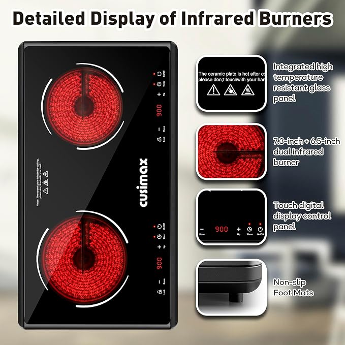Electric Stove,Cusimax Electric Hot Plate for Home,9 Temperature and 1800w Power Level,Double Infrared Burner with Sensor Touch,Kids Safety Lock,Timer,Ceramic Countertop Stove