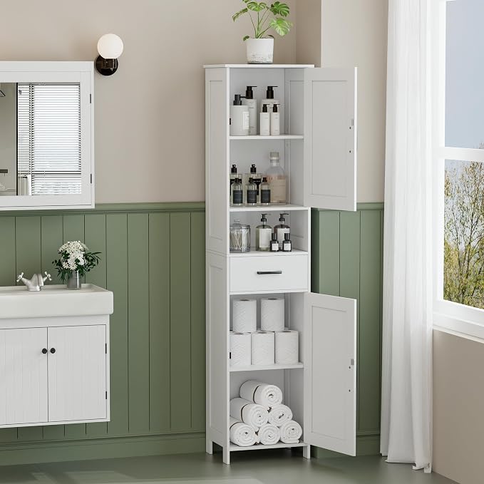Homhedy 67" H Tall Bathroom Storage Cabinet with Barn Doors and Drawer | Narrow Storage Unit with Adjustable Shelves, Floor Cabinet for Bathroom, Living Room, Entryway or Kitchen, White, 15.7" W