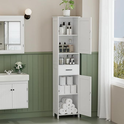 Homhedy 67" H Tall Bathroom Storage Cabinet with Barn Doors and Drawer | Narrow Storage Unit with Adjustable Shelves, Floor Cabinet for Bathroom, Living Room, Entryway or Kitchen, White, 15.7" W