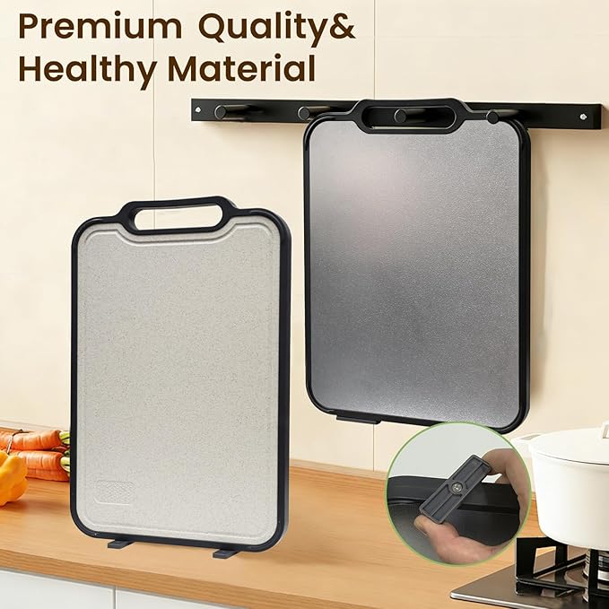 Titanium Cutting Board for Kitchen, Double Sided Titanium Cutting Board with Juice Groove, Metal Chopping Board for Kitchen, Titanium & Wheat Straw PP, Dishwasher Safe, 16”×10”