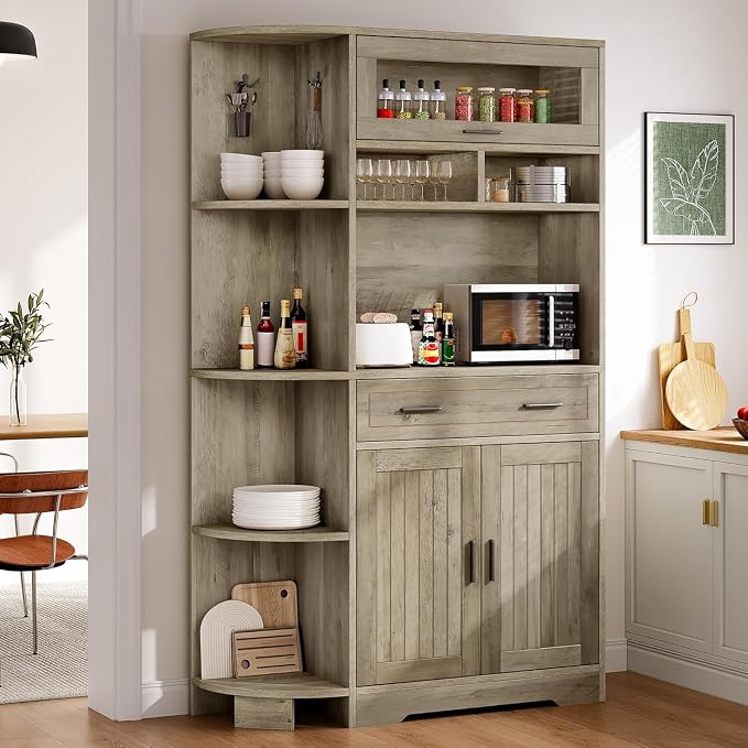 YITAHOME 67" Kitchen Hutch with Outlet, Shelves & Drawer, Antique Gray | Farmhouse Microwave Stand Buffet Coffee Bar for Living Room and Dining Room