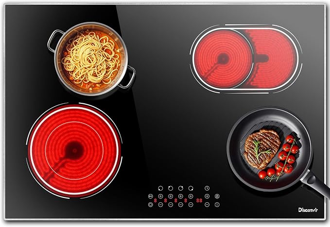 Electric Cooktop 30 Inch 4 Burner, 6600W No Plug | 30 Inches Ceramic Stovetop Built-in with Dual & Expanded Ring, 99-Min Timer, Safety Lock, 220V - 240V Hard Wired