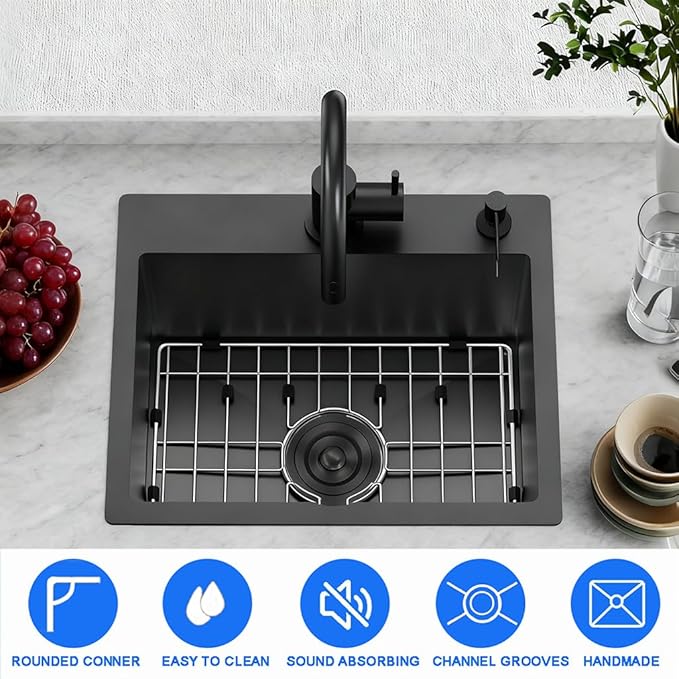 16 x 18 Inch Modern Drop In Kitchen Bar Sink, 304 Stainless Steel Black Single Bowl Topmount Sink, Nano Laundry RV Deep Workstation Sinks with Drain Strainer & Grid