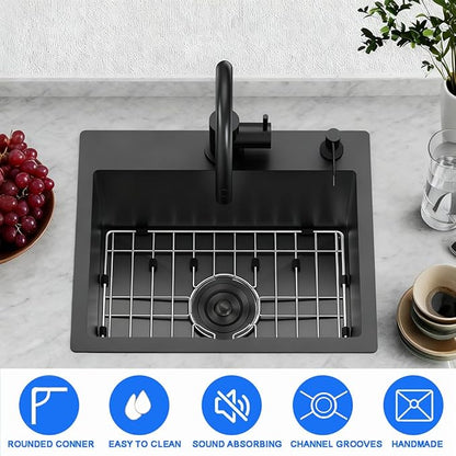 16 x 18 Inch Modern Drop In Kitchen Bar Sink, 304 Stainless Steel Black Single Bowl Topmount Sink, Nano Laundry RV Deep Workstation Sinks with Drain Strainer & Grid