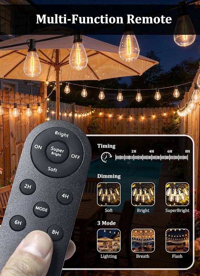 100FT Solar String Lights Outdoor Waterproof, 35LED S11 E12 Bulbs, Remote Control, Dimmable Timer, 3 Modes, Solar Powered Outdoor Patio Lights for Backyard Deck Garden Hanging Use