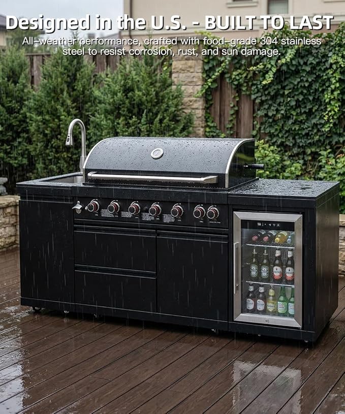 BBQ Outdoor Kitchen Island Grill Barbecue Modular Patio Kitchens Kits with Electric Rotisserie, Sink, fridge, and Burner for More than 10 People