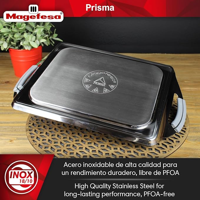 Magefesa Prisma 16 x 10 Inch Teppanyaki Griddle Pan, made of 18/10 Stainless Steel, Triple Layer Nonstick Coating, Suitable for all types of Stovetops, Dishwasher & Oven Safe up to 392 ºF