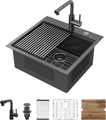 21 Inch Black Drop In Bar Sink Outdoor Kitchen Sink Workstation 16 Gauge Stainless Steel Single Bowl Small Sinks with Pull-out Faucet 21"x20"x9"