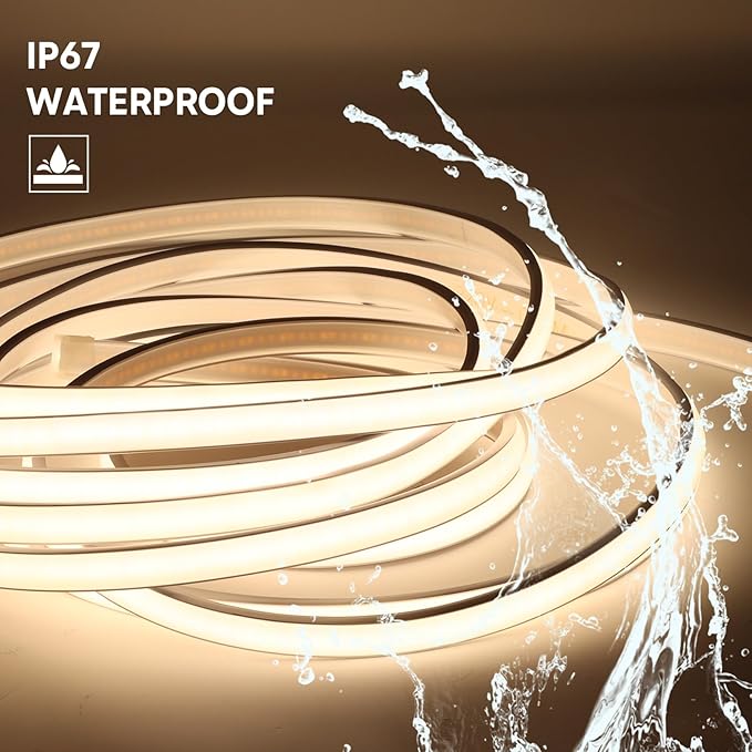 AC 120V LED Strip Lights 10M 32.8ft Warm White, IP67 Waterproof LED Light Strip Dimmable Strips Rope Lights for Kitchen Cabinets Indoor Use, Hardwired Installation (White, 32.8ft)